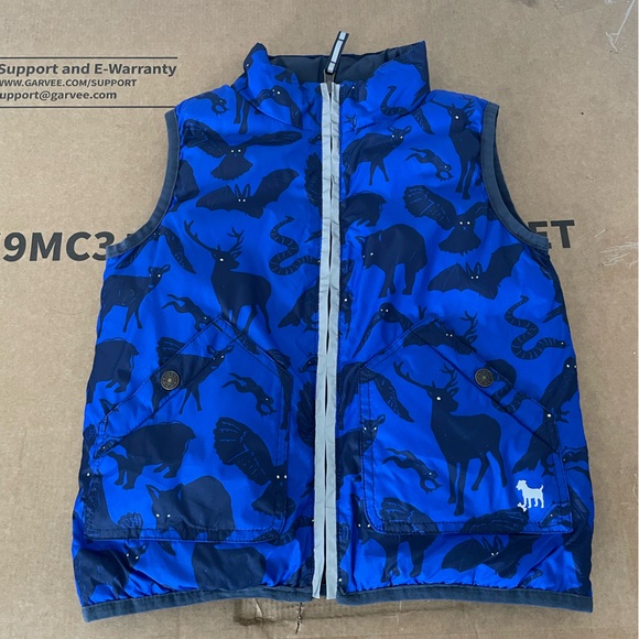 Mini Boden Boys Reversible Blue Navy Animal Print Puffer Vest Sz 4-5y - Picture 9 of 13